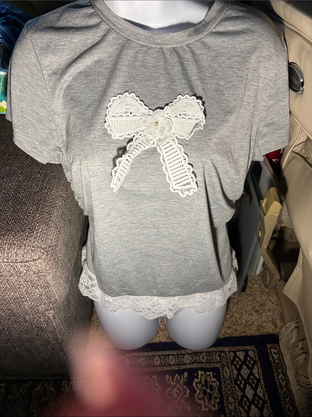 SHEIN Gray Short Sleeve Tee with White Lace Bow